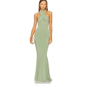 Norma Kamali Vintage Green Cross Halter Maxi Dress